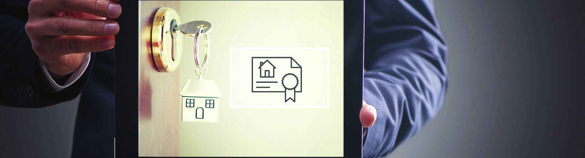 Real Estate Agent man Showing Keys On Tablet